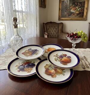 Vintage Schumann Arzberg Germany Bountiful Plates Echt Blue Gold Trim Set of 5